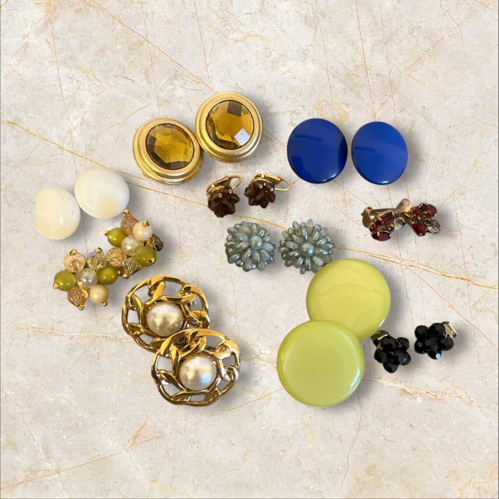 Vintage Plastic Rhinestone Clip Style Earrings School Teacher Grandma Bundle Lot
